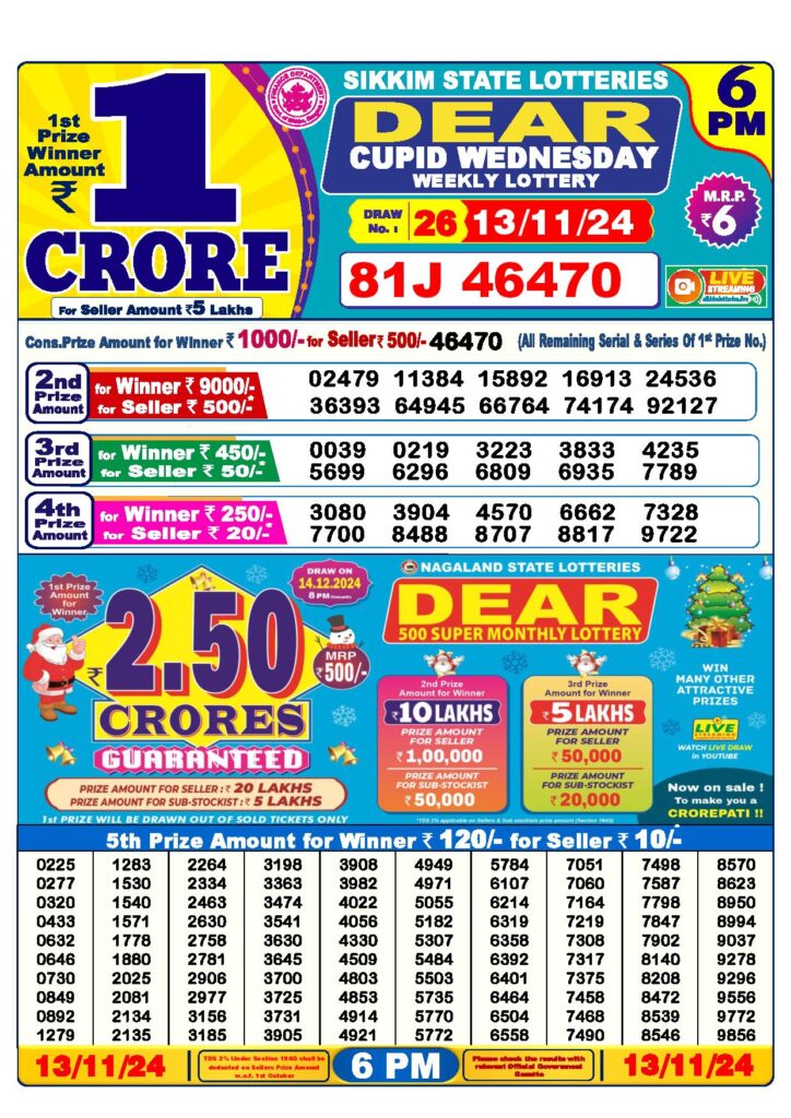 Dear Lottery Result Today 6PM  13-11-2024