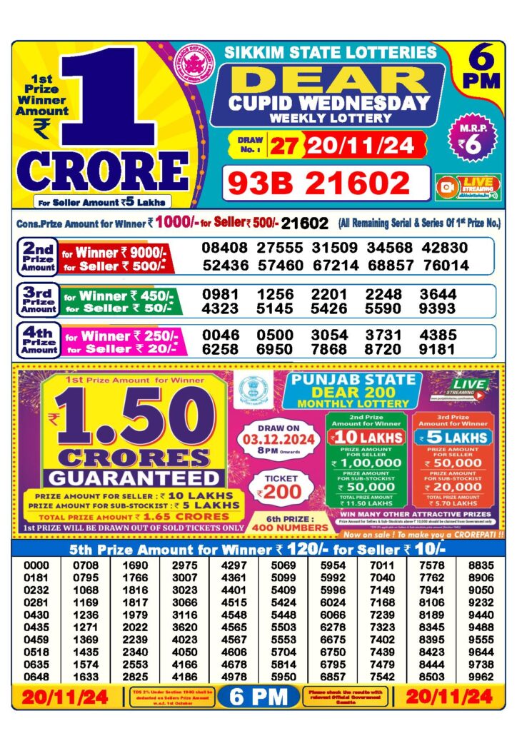 Dear Lottery Result Today 6PM  20-11-2024