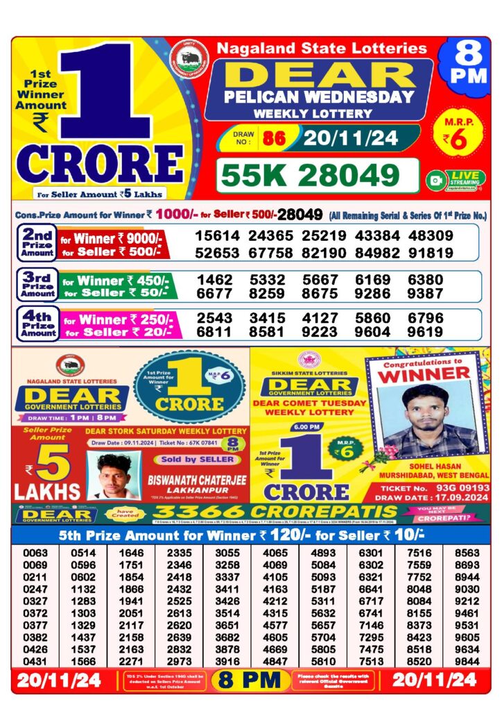 Dear Lottery Result Today 8PM  20-11-2024