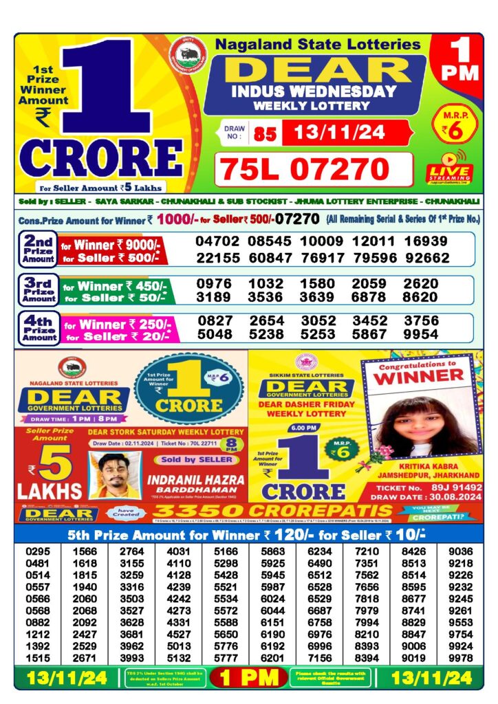 Dear Lottery Result Today 1PM 13-11-2024