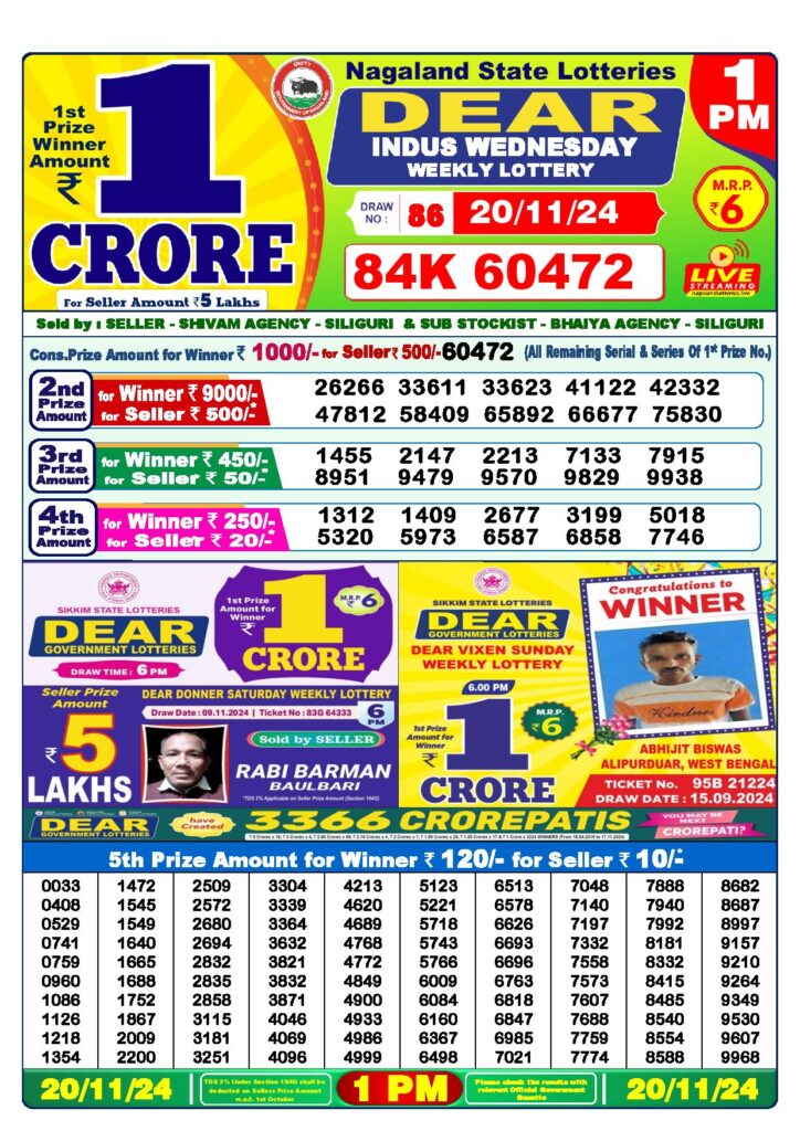 Dear Lottery Result Today 1PM  20-11-2024