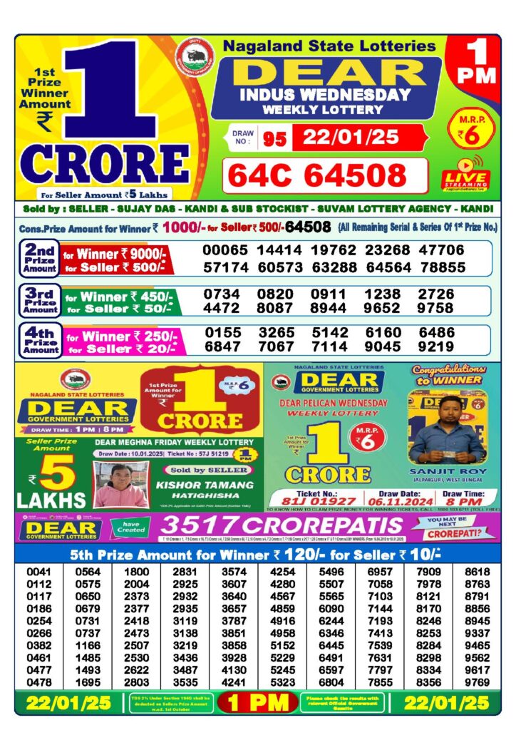 Dear Lottery Result Today 1PM 22-1-2025