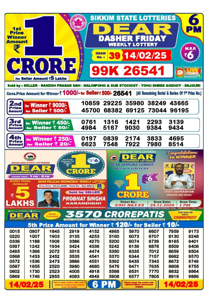 Dear Lottery Result Today 6PM 14-2-2025