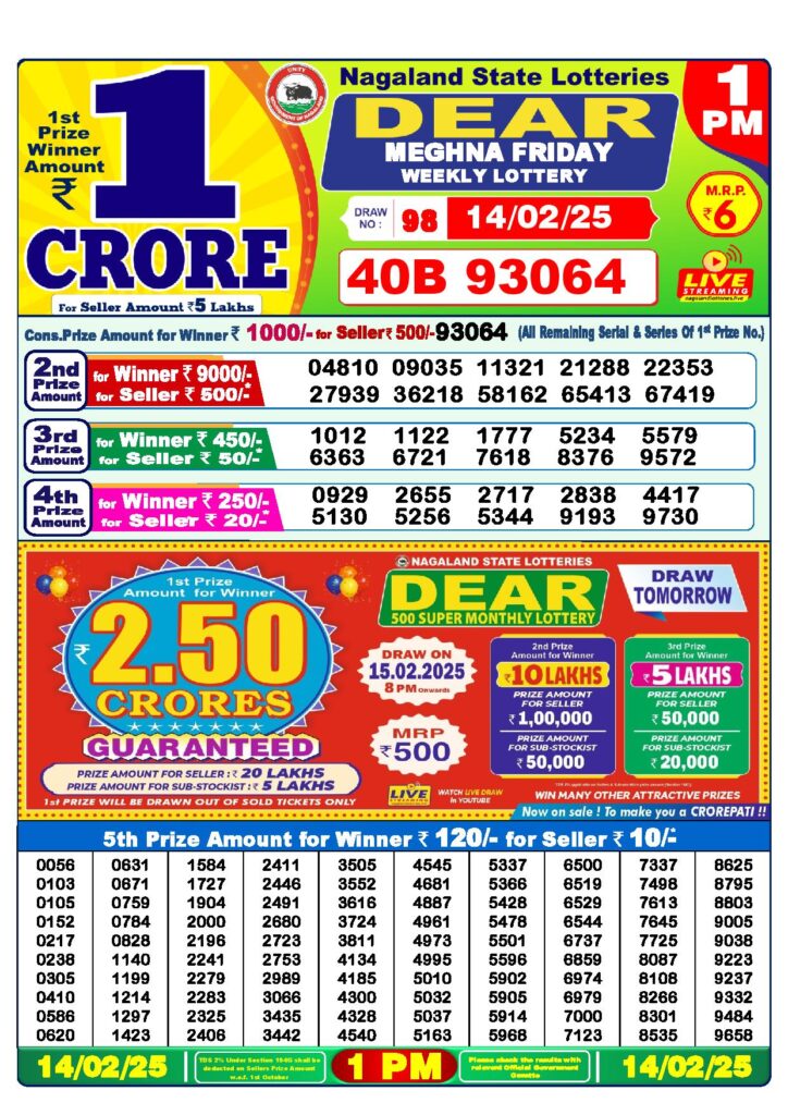 Dear Lottery Result Today 1PM 14-2-2025